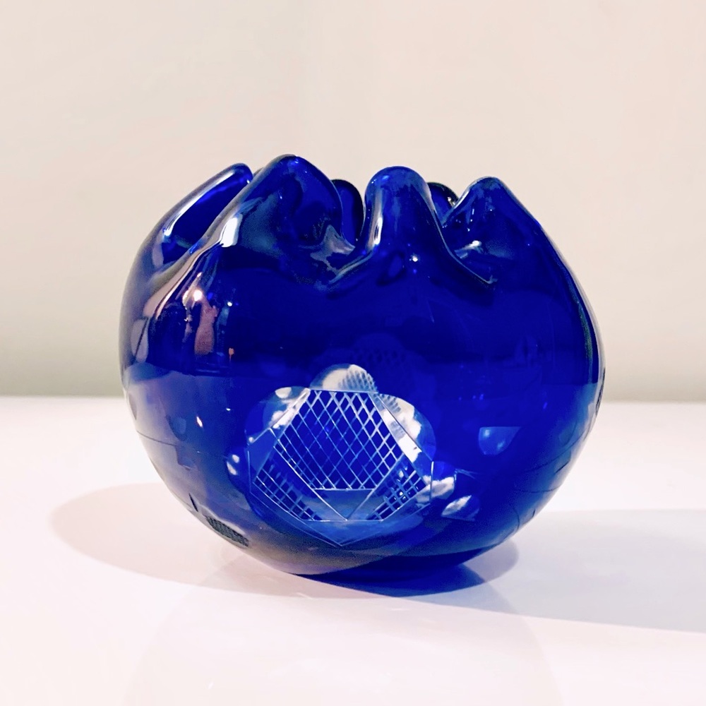 Bohemian Czech Cobalt Blue Cut to Clear Glass Vase